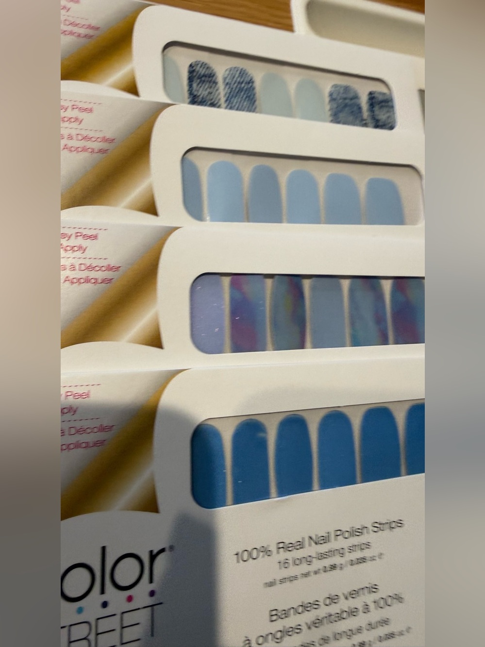 4 packages Color Street nail wraps, blues, glitter, pattern, solid plz read Desc